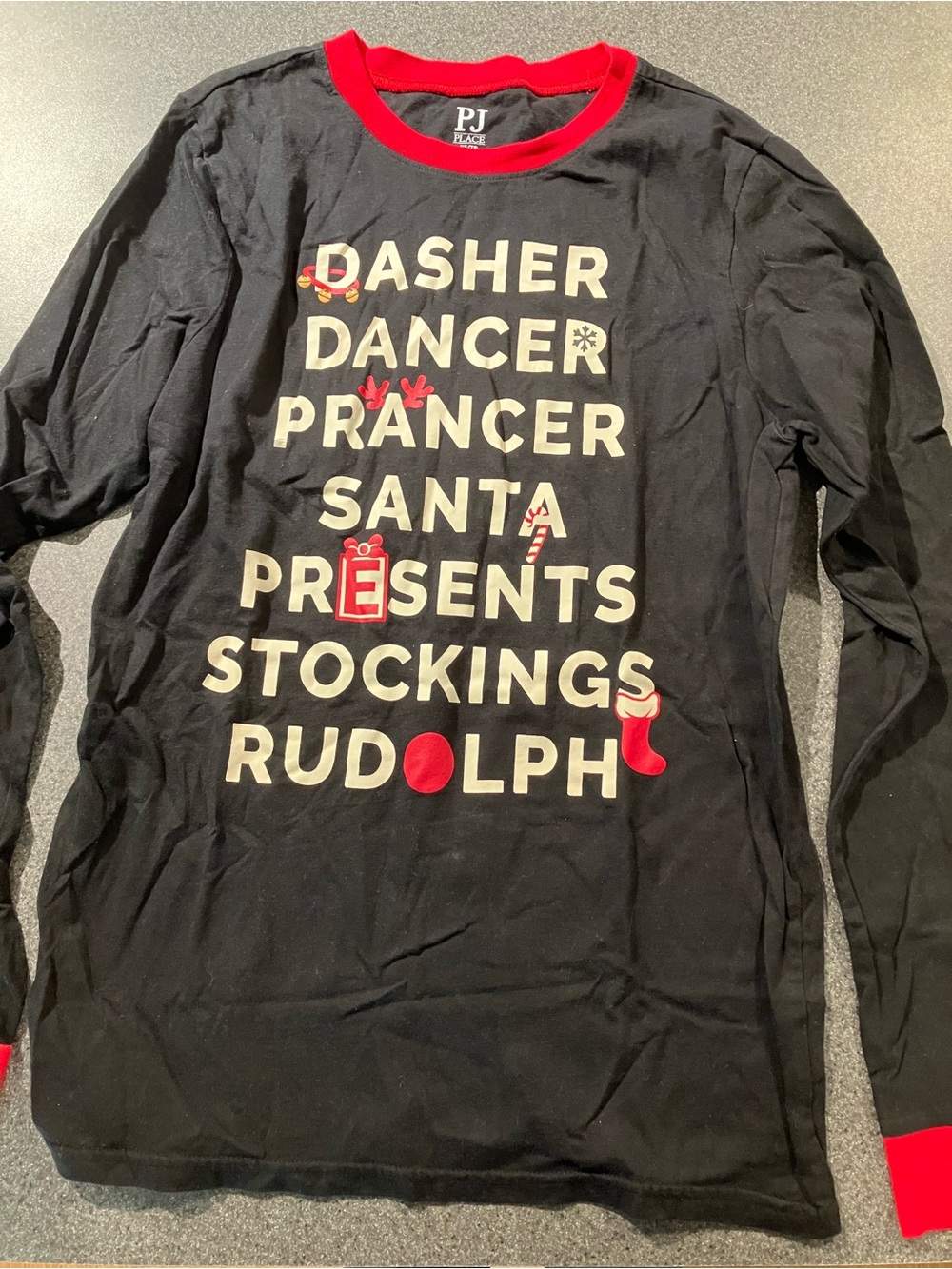 PJ Black Long-Sleeve Holiday Pajama Top with Red Trim - Rudolph Text Graphic